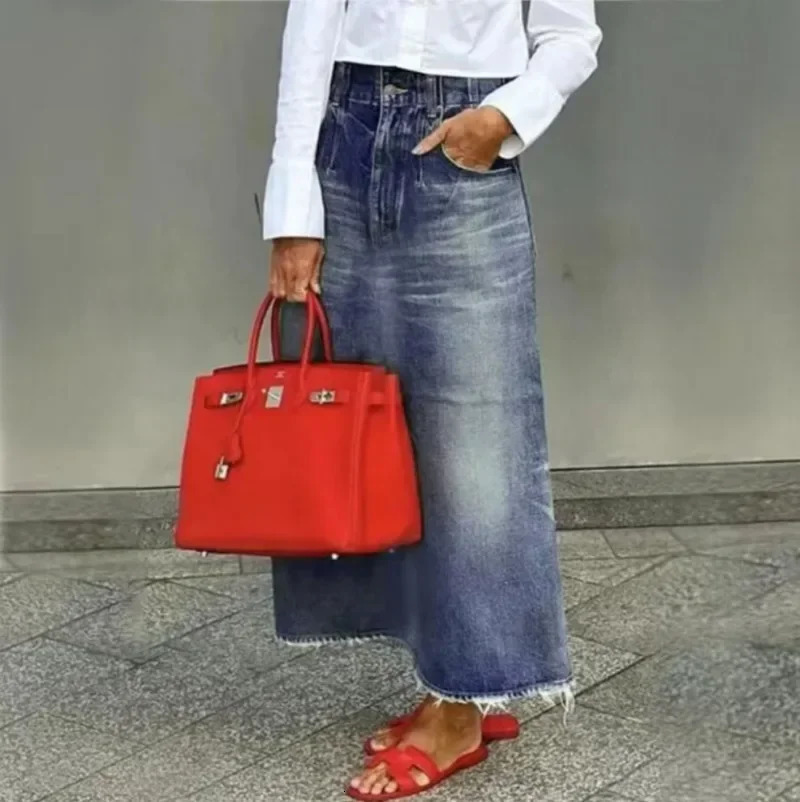 Krisstar Long Demin Skirt for Women Trendy Winter Spring Party Streewear Daily Classic Blue Jean Maxi Skirts Bottoms 250310