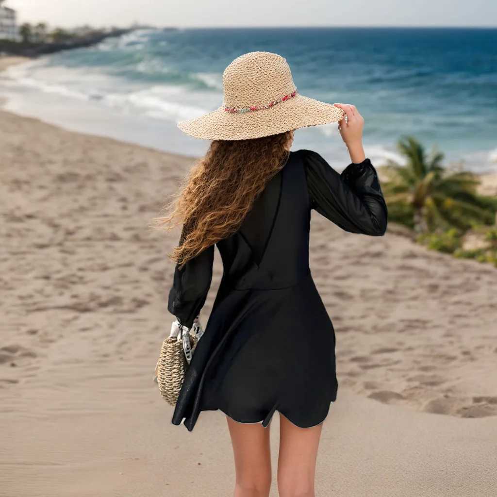 Womens conservative Fsh cover and ultra-thin solid color seven times longer sunscreen Tpeent high waist casual vacation swimsuitXJ250315