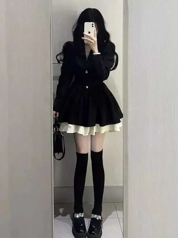 2023 New High-End Feel Petite Puff Skirt Long Sleeves Blacktweed Style Autumn Season Women Fashion Dress