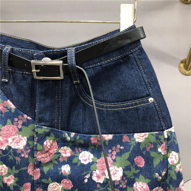 Womens Retro Printed Denim Short Leather High Waist Aline Wrap Hips Jean Shorts Street Slim Patch Work Summer 250310