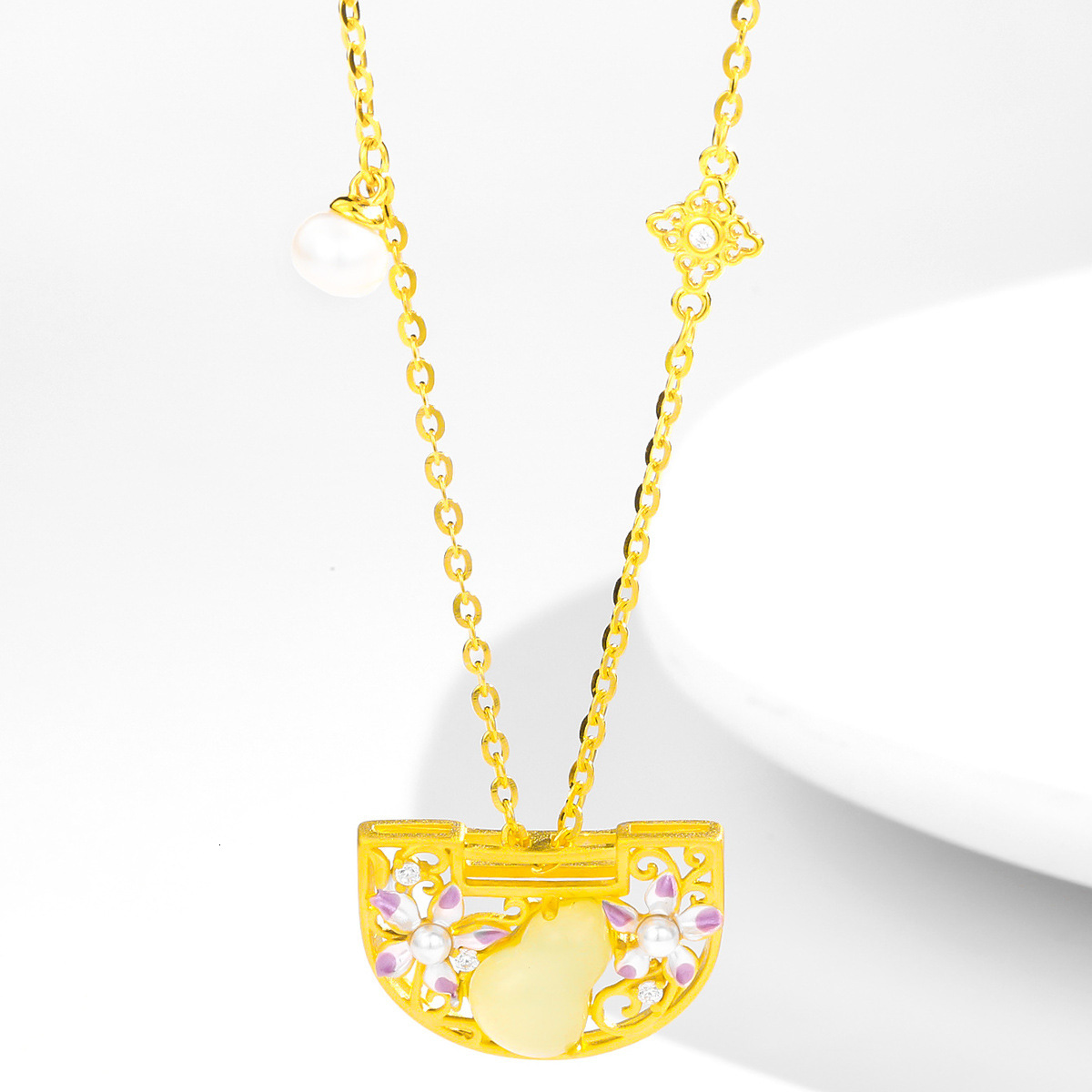 S925 Necklace Female Net Red Sterling Silver Lock Retro Style Hetian Jade Gourd Japan And South Korea Flower Fashion Niche New Necklace