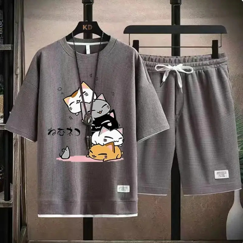Mens Summer Waffle Set Fashion Casual T-shirtShorts Set Mens Sports Set Loose ComfortableSlo Two-piece Set 250310