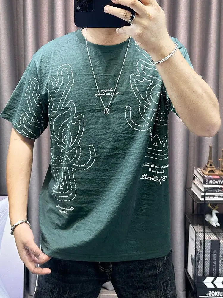 Cotton linen short sleeved T-shirt mens fashion printed casual half sleeved thin top 250314