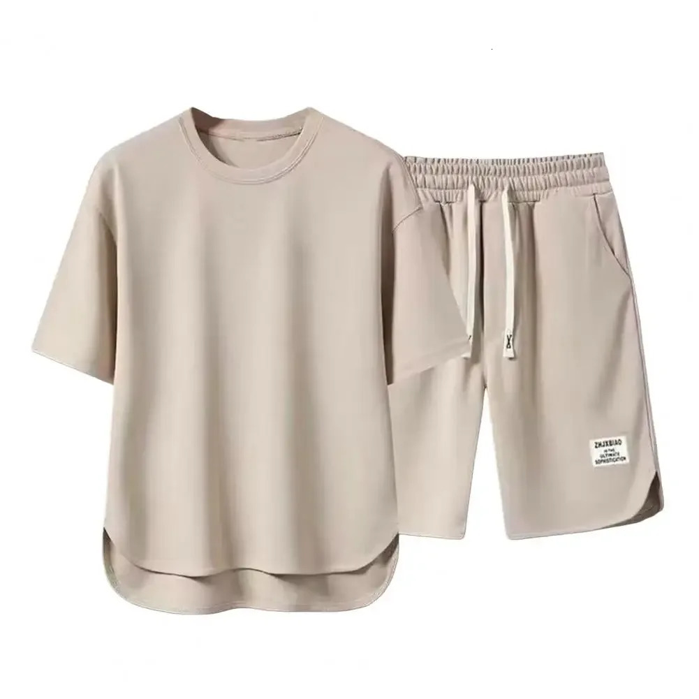 Men Sportswear Set Mens Summer Outfit Set O-neck Short Sleeve T-shirt Drawstring Waist Wide Leg Shorts Activewear Set 2pcs/set 250310