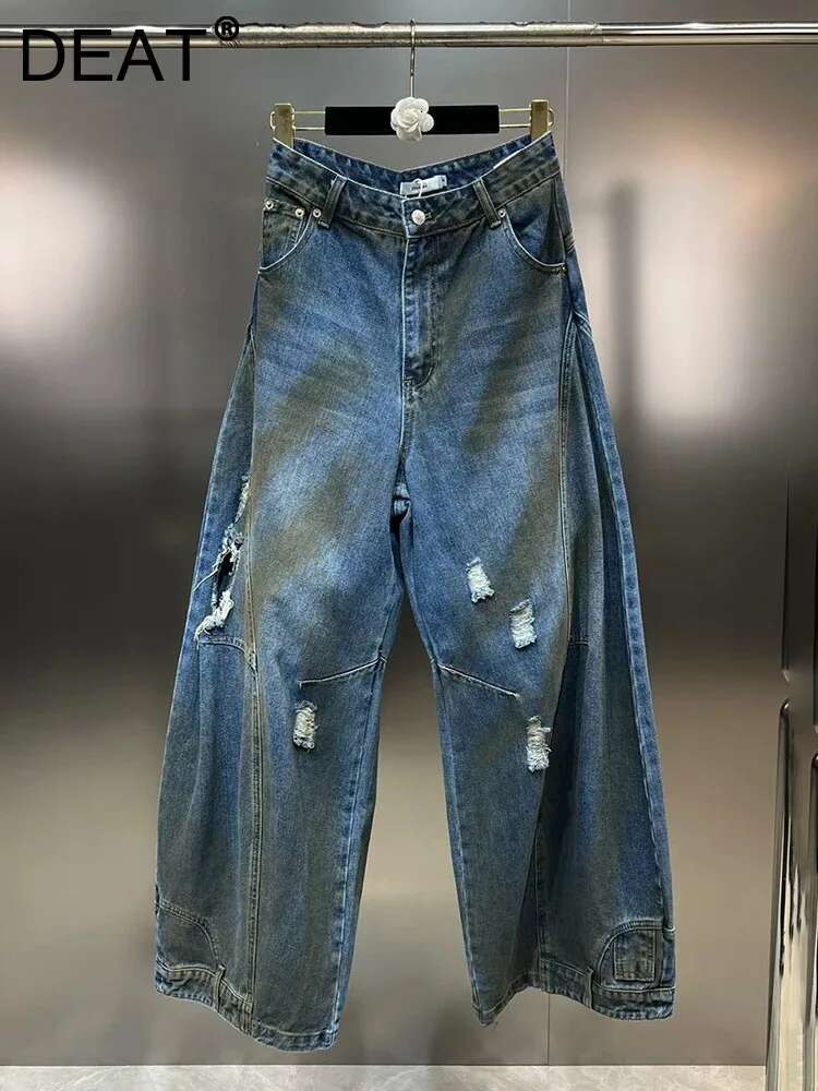 DEAT Vintage Trendy Women's Broken Hole Wide Leg Jeans 2025 Spring Fashion New High Waist Button Denim Pants Female 11Xx7806