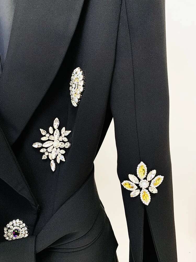 HIGH STREET Newest Fashion 2024 Runway Designer Blazer Women's Slit Sleeve Crystal Rhie Dias Beaded Belted Jacket