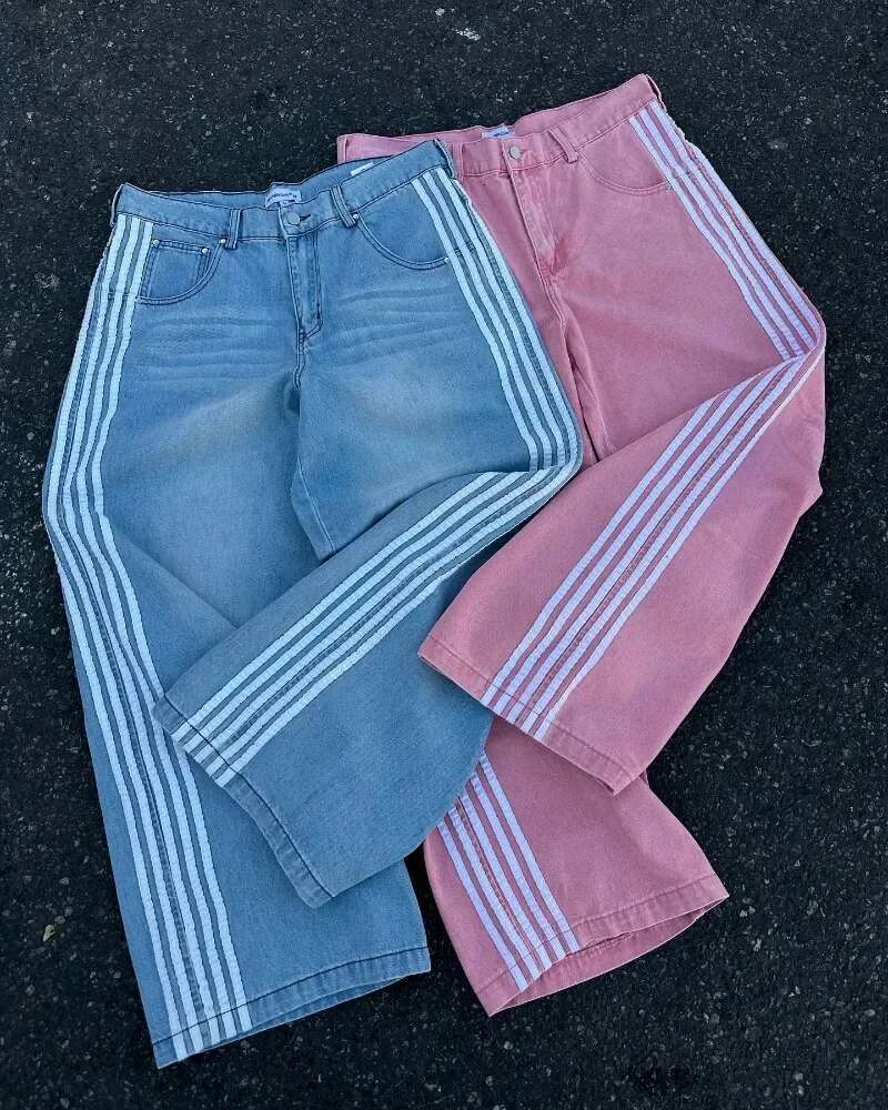 Y2k High-Waisted Women Haruku Trend Striped Straight Leg Jeans Hip Hop Retro Streetwear Couple Baggy Wide-Leg Pants