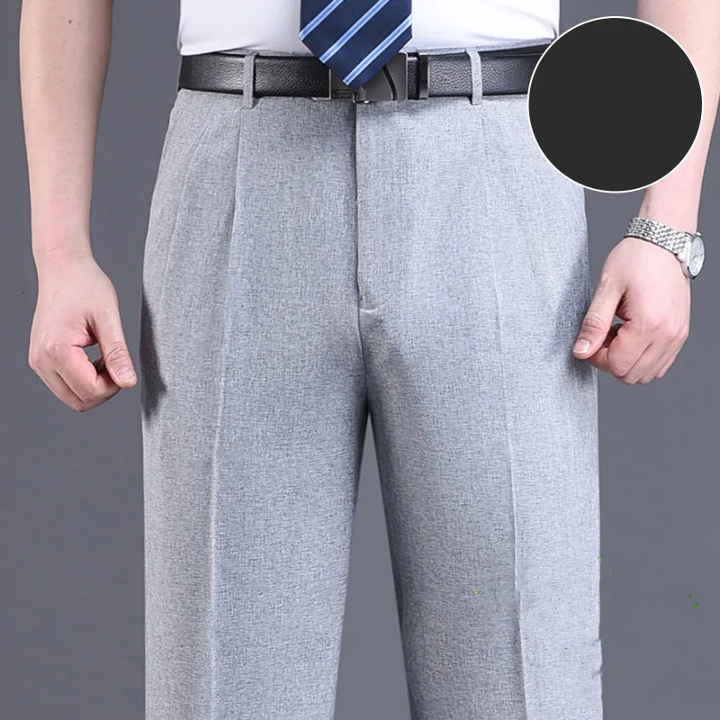 Double pleated mens pants set black brown business khaki loose straight classic thin summer 250313