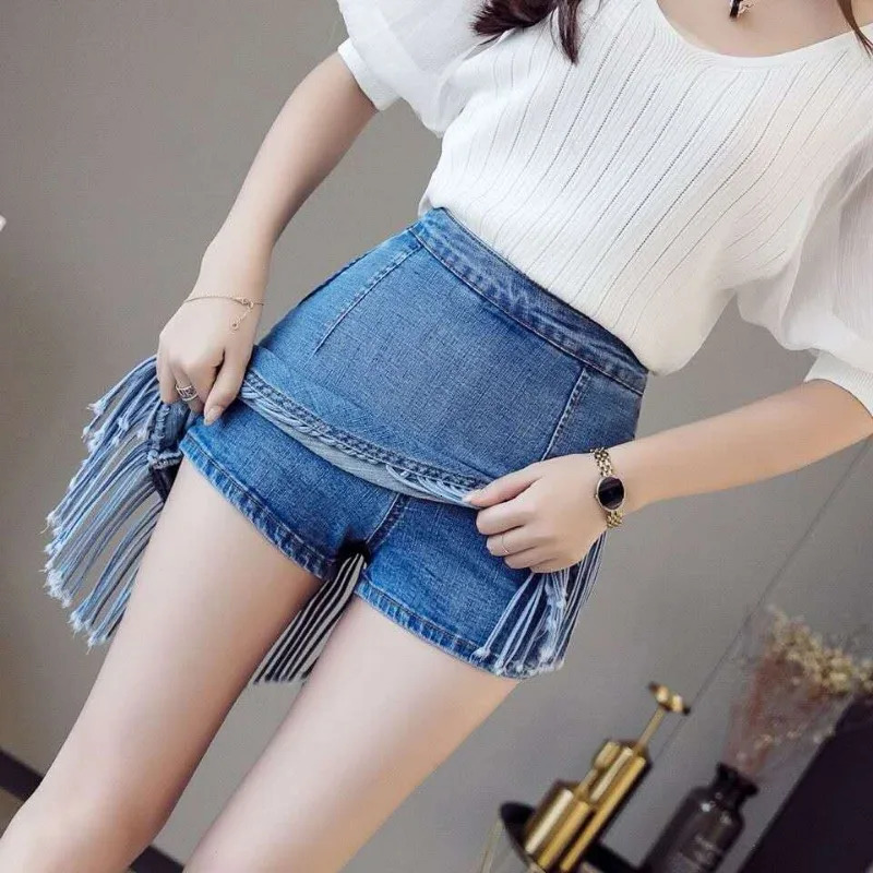 Denim leather pants Demin tassel irregular knee length womens buttocks spring summer vacation twopiece lined shorts 250310