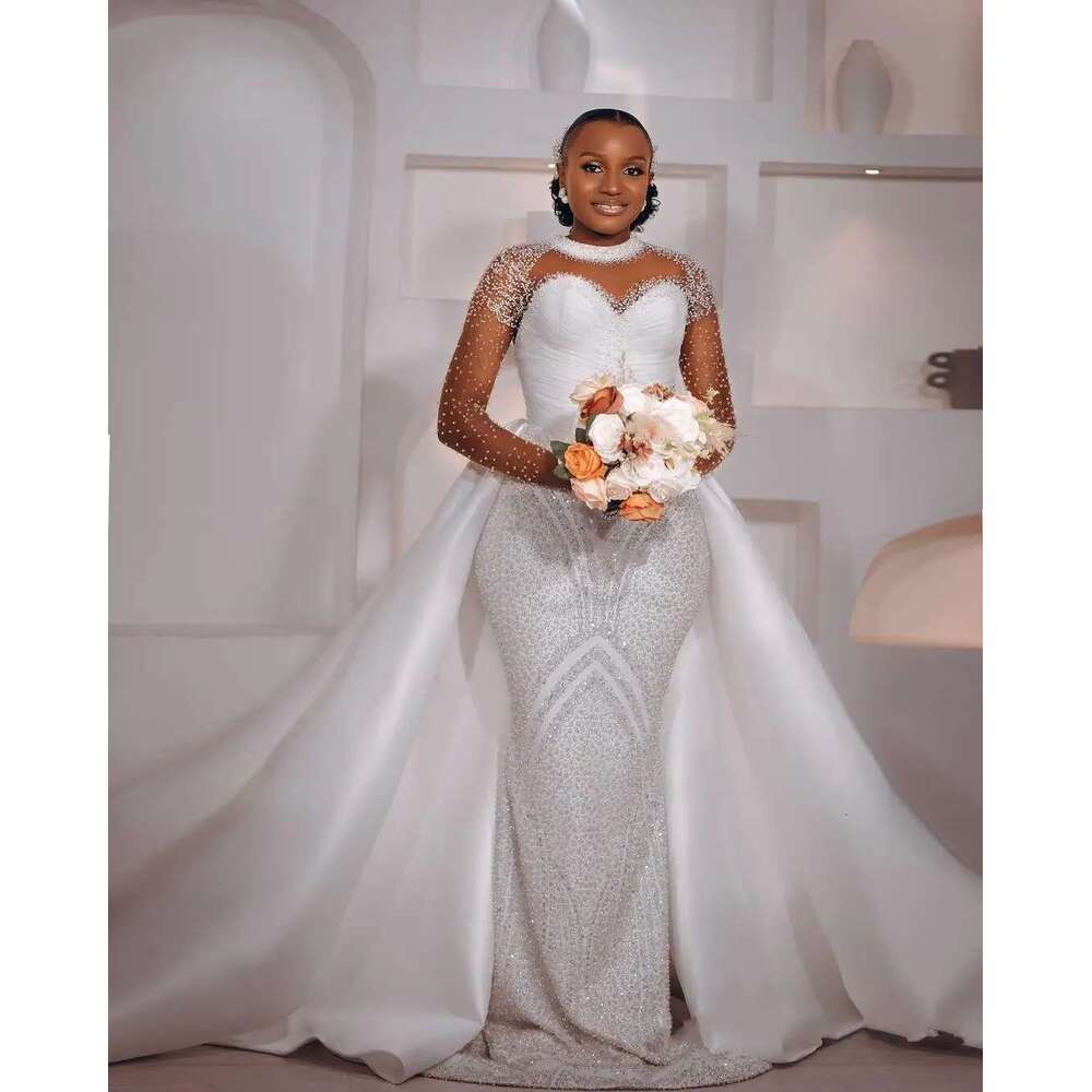 Customized bright beads heavy sequins 2 in 1 mermaid dress african long sleeves wedding dresses with detachable train