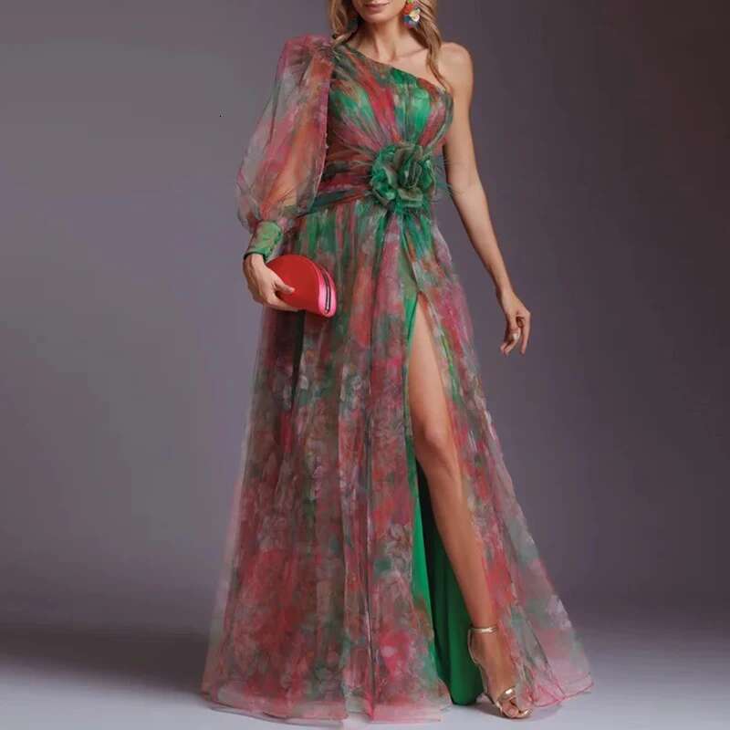 Women Elegant Split Hollow Party Fashion Contrast Print Mesh Maxi Sexy One Shoulder Sleeve Irregular Long Dress