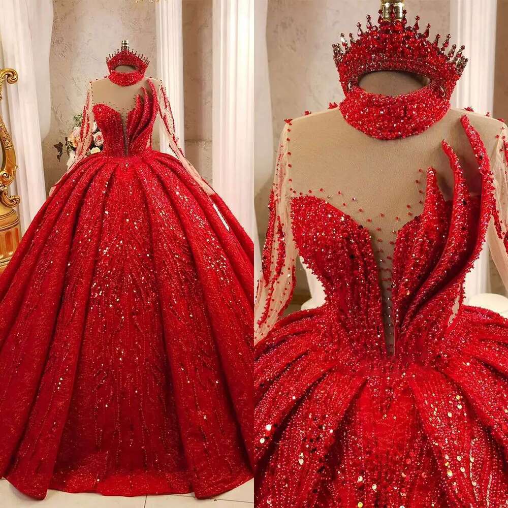 Red Ball Gown Crystal Beaded Pearls Lace Wedding Large Size Train Sweep Dresses Custom Color Novia