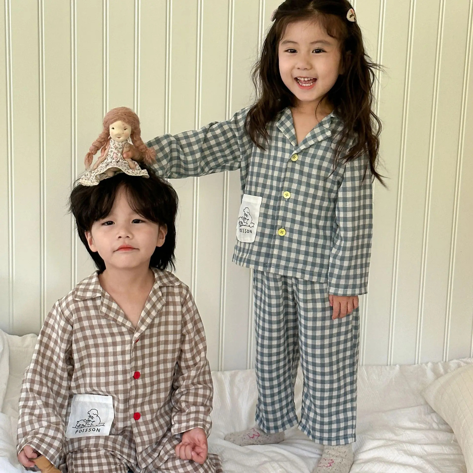 Spring Autumn Childrens Boys Sleepwear Cotton Checkered Long Sleeved Shirtspants 2PCS Suit Kids Baby Boys Pajamas 250314