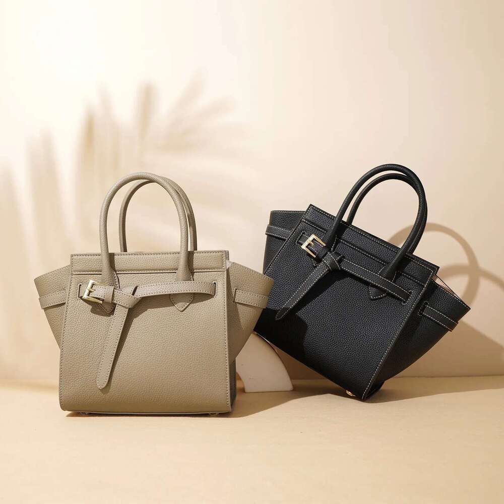 New 2025 Genuine Cow Leather Top-Handle For Women Designer Grey Trapeze Tote Cowskin Female Shoulder Bag