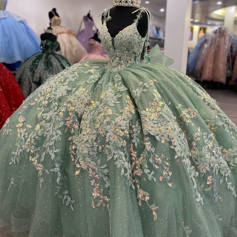 Mexican Sage Green Shiny Charro Quinceanera Dresses Off Shoulder Lace Appliques Beads Corset Party Birthday Sweet 16 Dress Vestido De 15 Anos