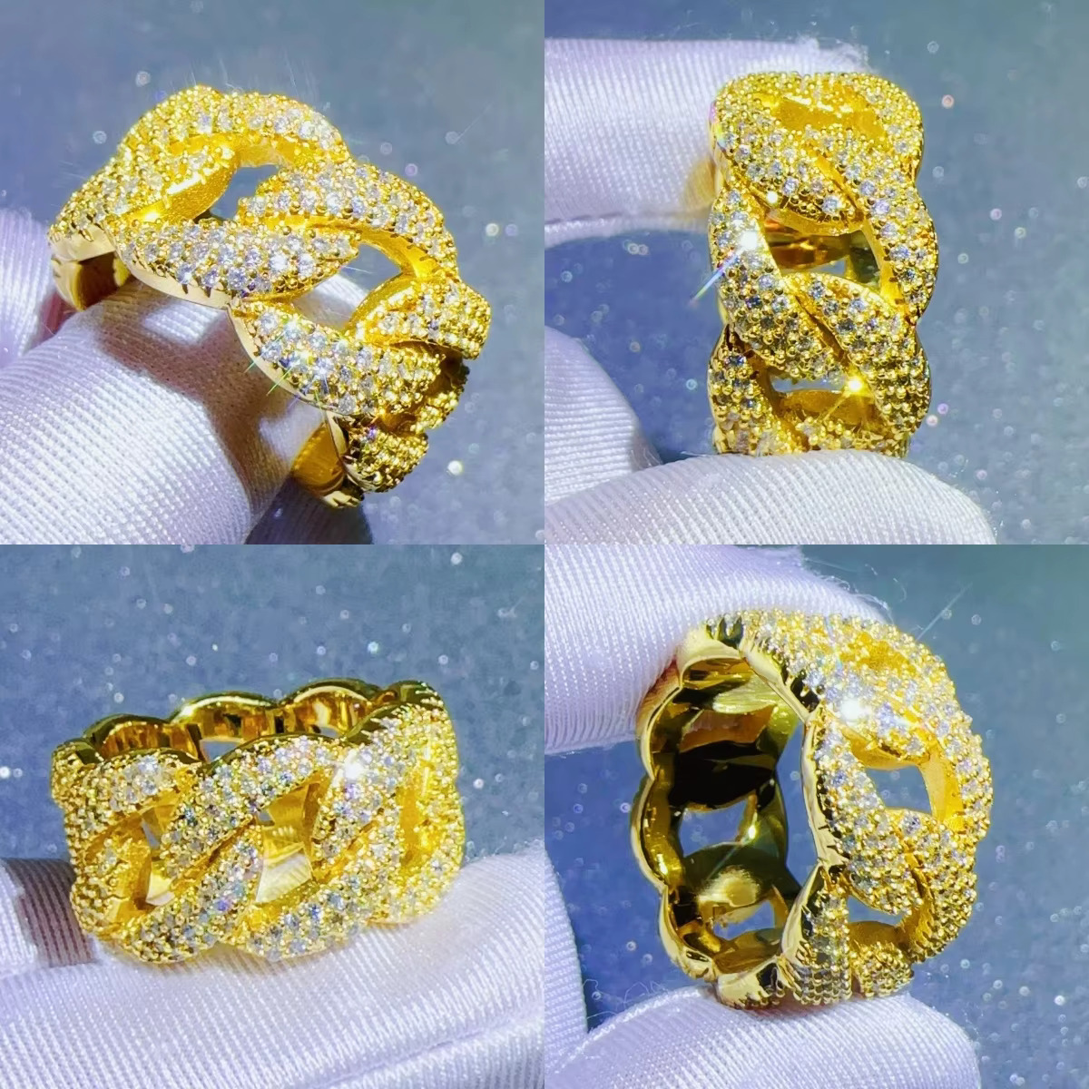 WUZHOU Custom Hip Hop Jewelry Iced Out 925 Sterling Silver Three Rows Moissanite Cuban Ring for Men