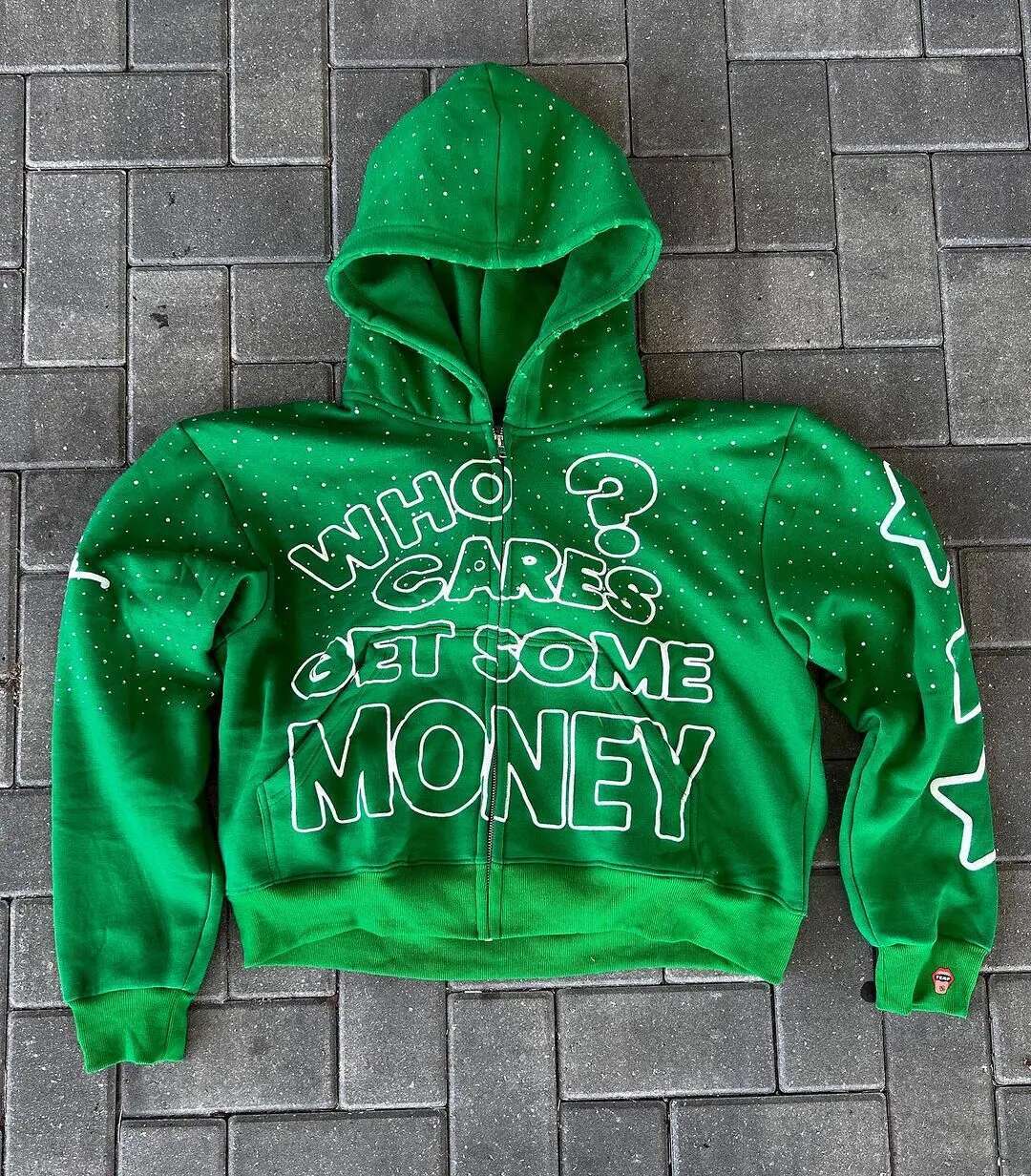 Who Cares Get Some Money Applique Zip Hoodie Womens Graphic Retro Streetwear Casual Hooded Printed Sweatshirt