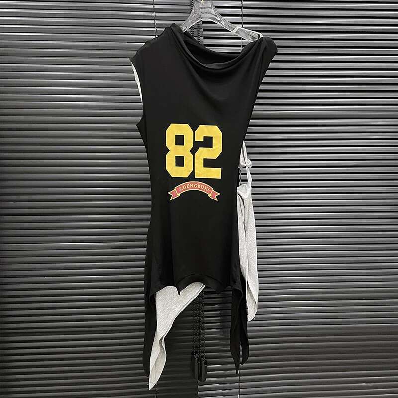 Fashion Women's Printed Diagonal Shoulder T-Shirt Causal Fake Two-Pieces Irregular Tops Female 2024 Autumn New Item 33A1726