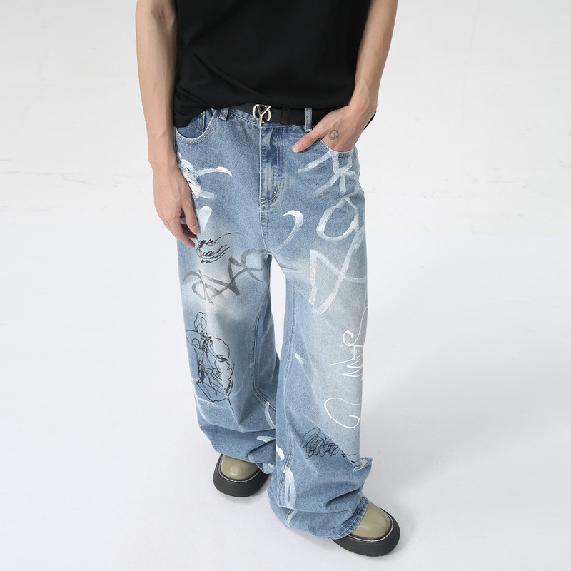 MTLCLOTHES Men's Wear | 2024 Summer New Product Beautiful Street Graffiti Fun Straight Tube Floor Mopping Jeans Trendy