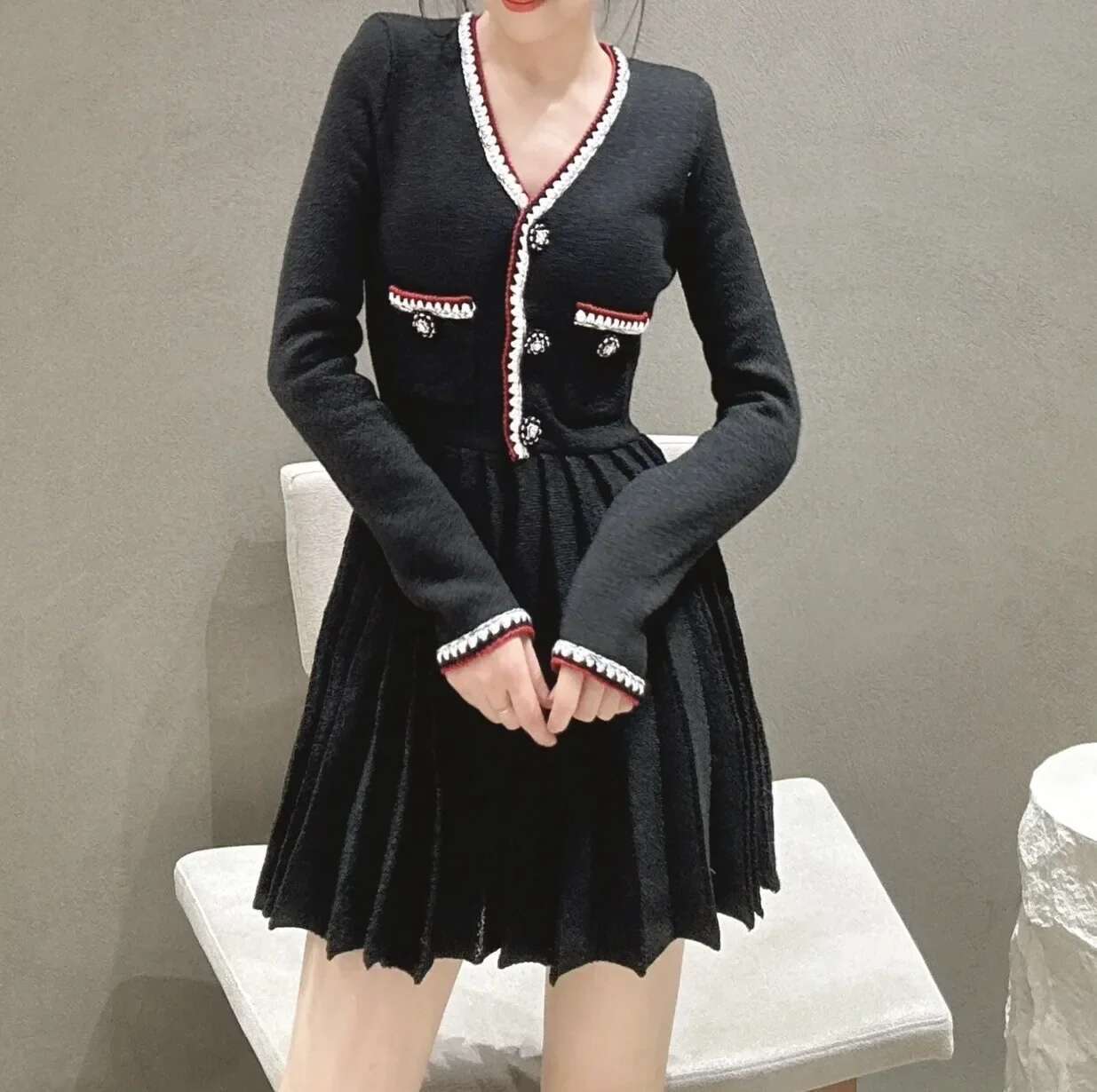 Women Black Pocket Long Sleeve V Neck Ruffle Slim Fit Ladies Party Mini Dress