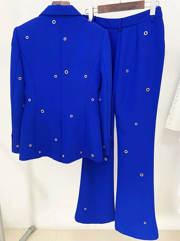 HIGH STREET 2024 FW Designer Fashion Runway Suit Stylish Rivet Metal Holes Slim Fit Blazer Flare Pants 2Pcs Set