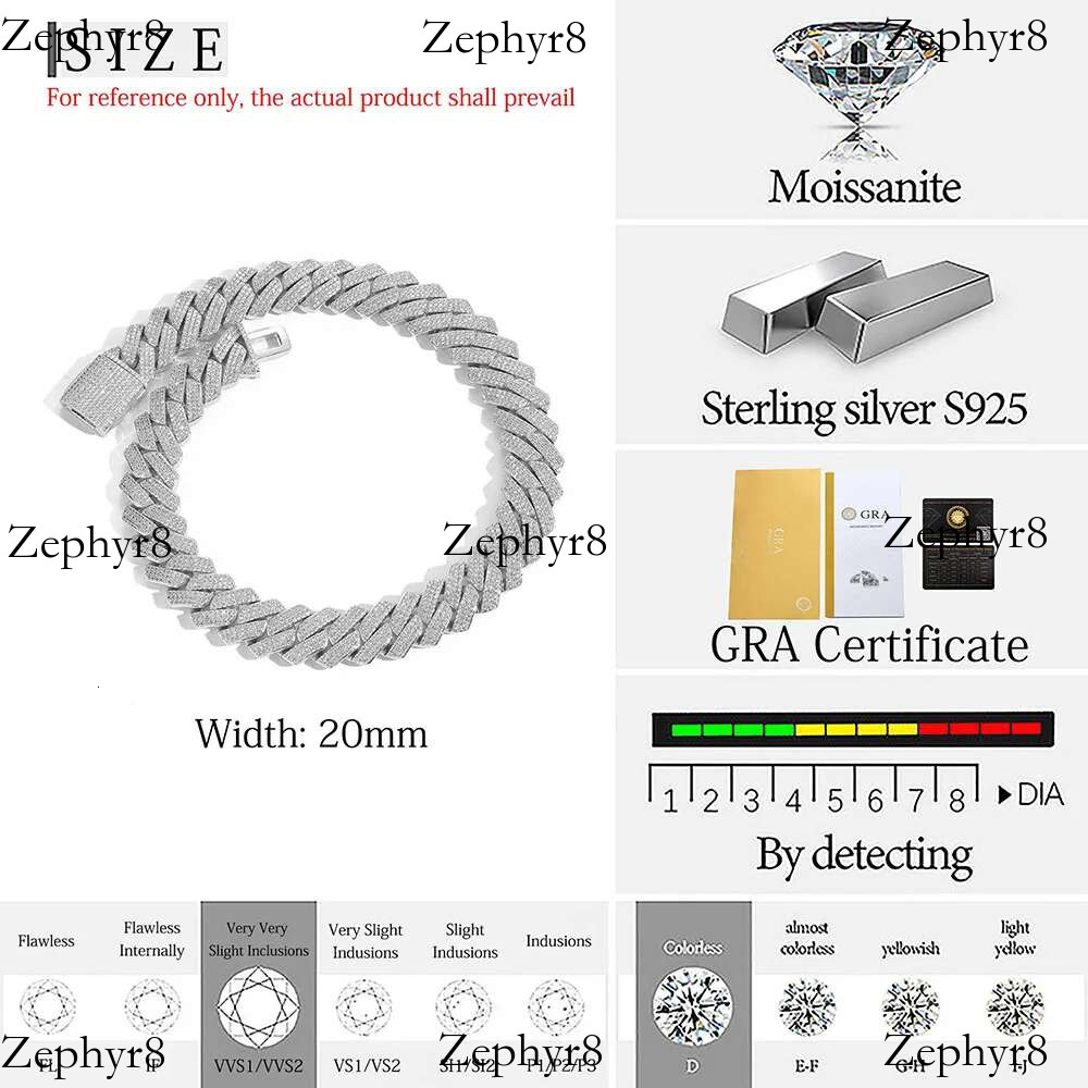 2025 New model High Quality Hip Hop Dia D VVS Necklace Jewelry 20mm Three Row Moissanite Sterg Sier Cuban k Chain