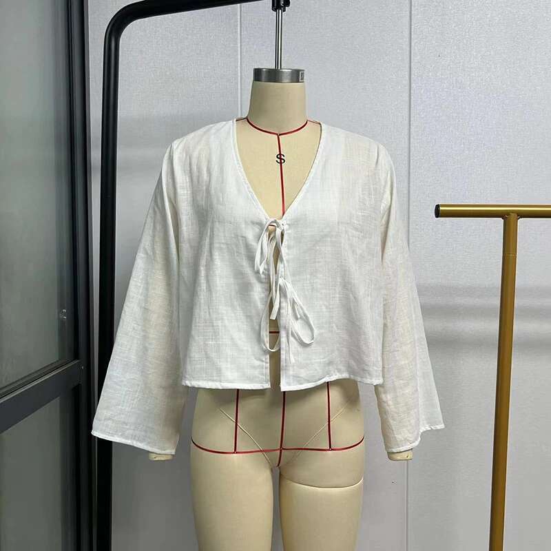 C.New S 2024 Spring New Female Street Tops Green En Lace Up Long Sleeve For Women Fashion Chic Casual Loose V Neck Shirt