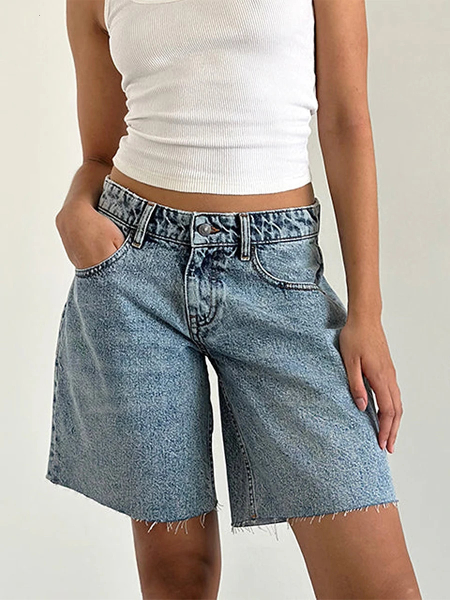 Womens Y2k bagged denim shorts with loose knee length solid color wide legs and a retro Bermuda style hem with pockets for summer 250312