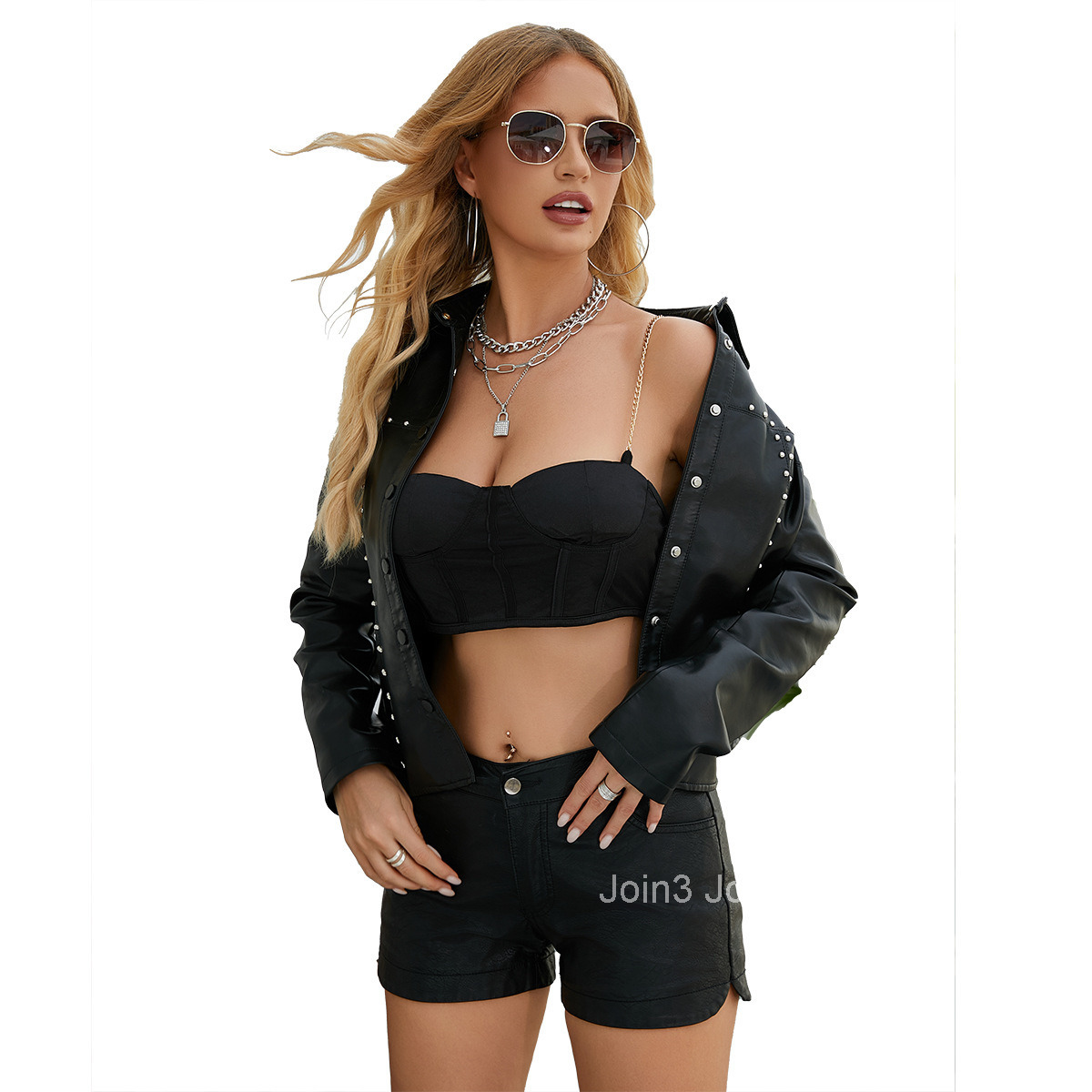 Fashion Spring and Autumn New Rivet Leather Jacket Cardigan Button Up Leather Jacket Fashion Trend Thin Coat Womens Clothing Join3