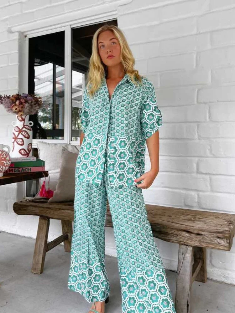 Bohemia Floral Print Loose Beach Pants Sets Women Causal Short Sleeve Shirts Two Piece Female Summer Outfits Streetwear 250313