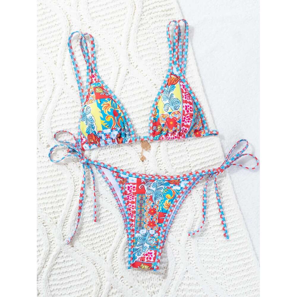Colorful printed bikini set for women, sexy string, triangle bra, 2-piece swimsuit, straps, bare back, beach, holiday, swimsuits, 2024