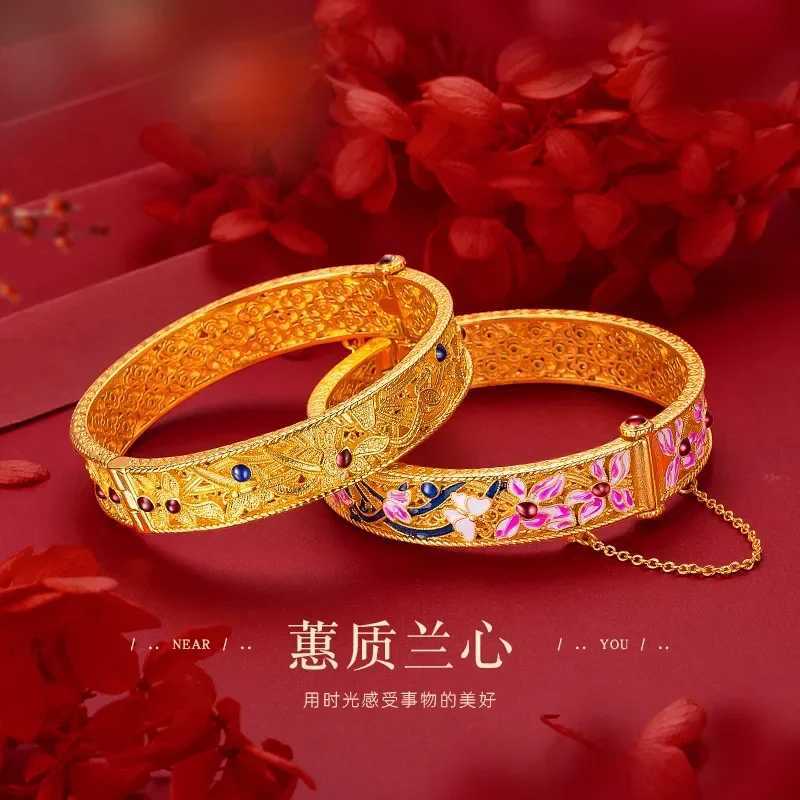 Luxury 24K Gold 9999 Real Gold Orchid Bracelet Enamel Large Bracelet Valentines Day GiftXJ250315