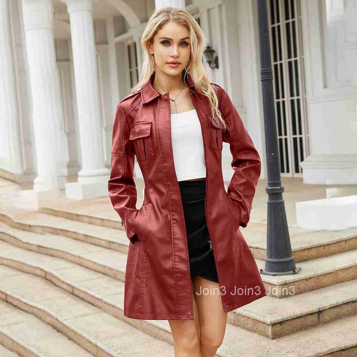 Fashion New Mid Length Leather Jacket with Belt Spring and Autumn Long Sleeved Leather Windbreaker Fashionable British Jacket Womens 6652