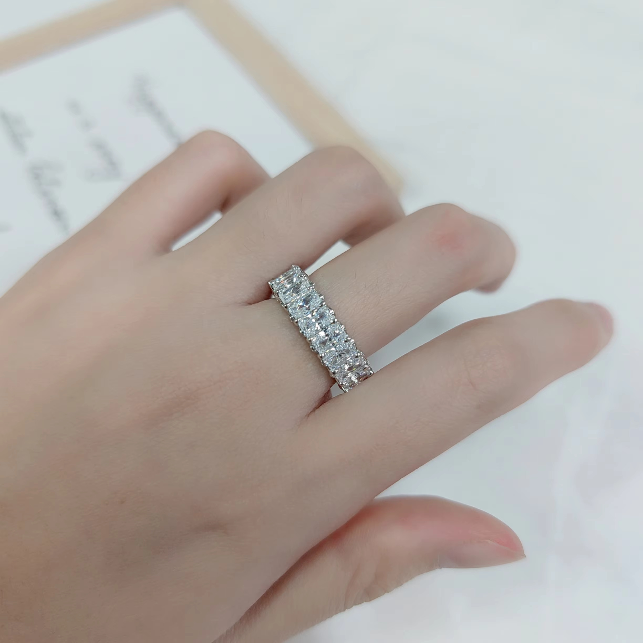 OL1422 Abiding Fine Jewelry Radiant Cut 3x5MM Moissanite Diamond 925 Sterling Silver Engagement Eternity Band Ring