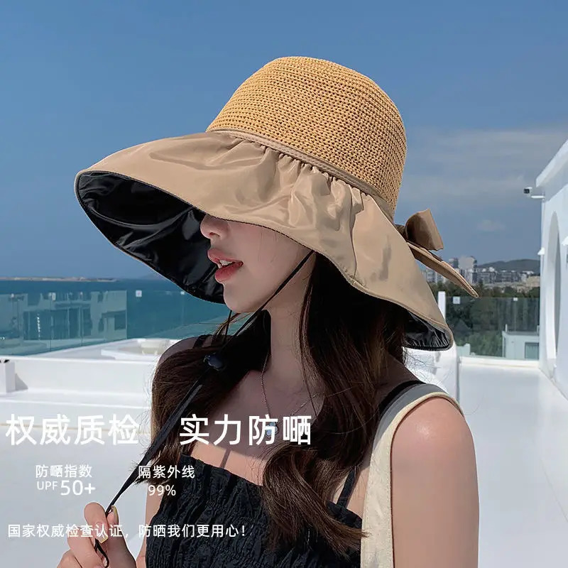 Vinyl beach womens summer hollow UV protection big brown facial protection sun bucket hat 250314