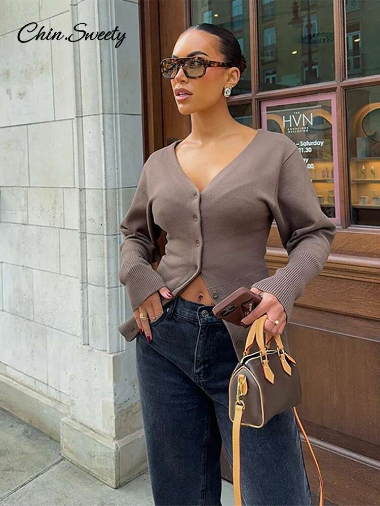 Vintage Women Knit Cardigans Solid V-Neck Long Sleeve Slim Button Sweater Female Fashion Autumn Winter Lady Knitwear New