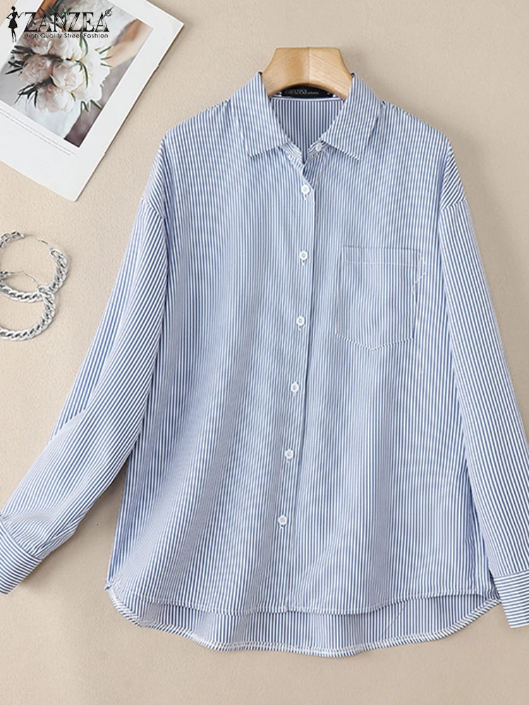 ZANZEA Casual Commuting Chemise Femme Womens Basic 2025 Spring Striped Shirts Turn-Down Collar Long Sleeve Elegant Tunic Tops 250310