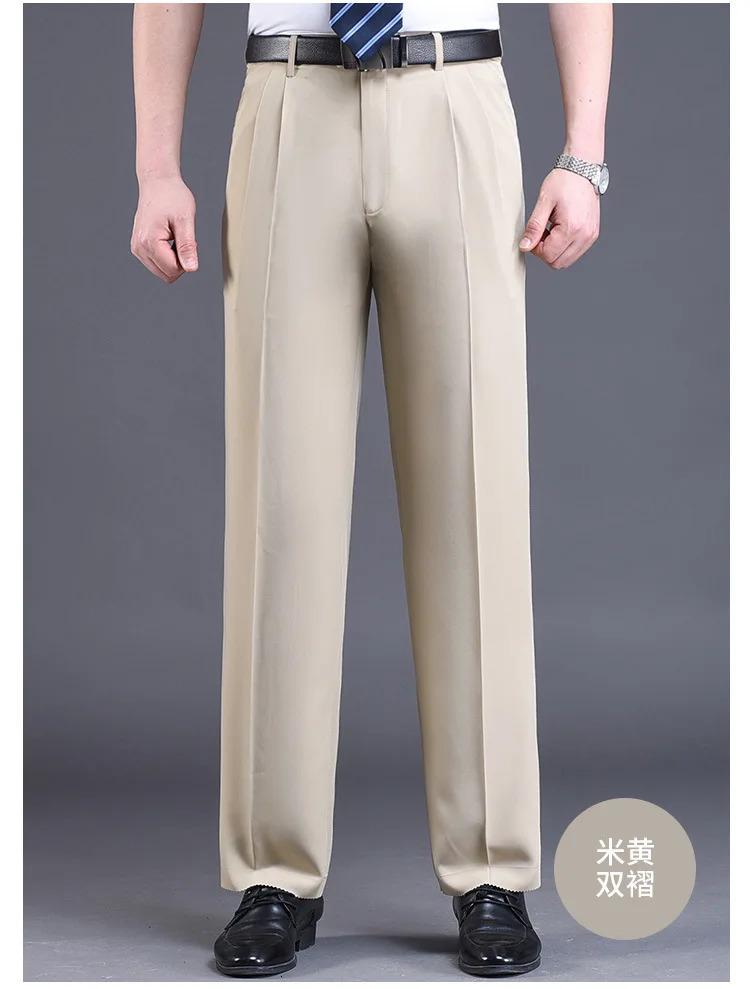 Double pleated mens pants set black brown business khaki loose straight classic thin summer 250313