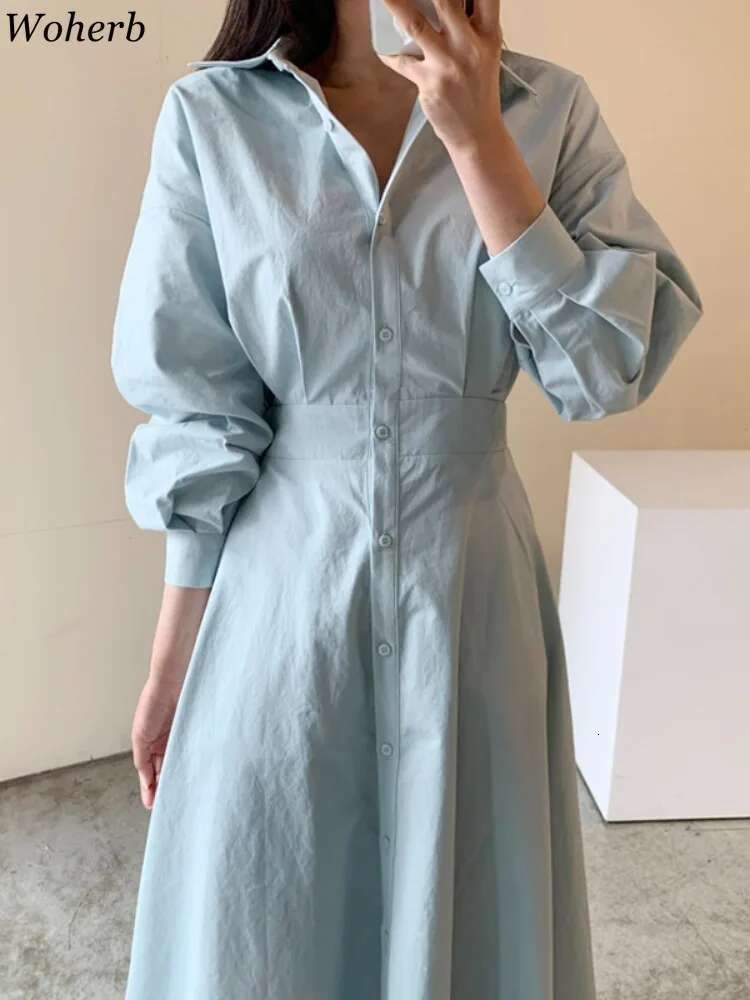 Y2k Autumn Solid Dress Women Fashion Long Sleeve Pleated Slim Waist A-E Dresses Temperament Single Breasted Simple Vestidos