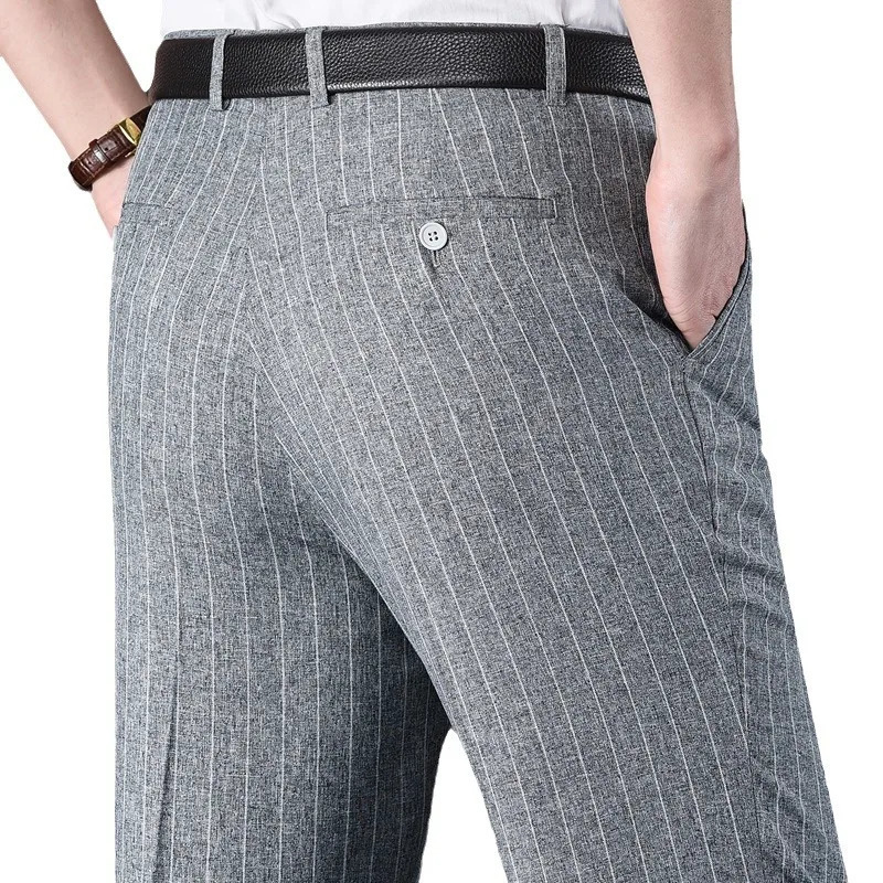 Flat Stretch Suit Pants For Men Striped Thin Summer Straight High Waist Black White Blue Formal Fashion Korea Dress Trousers 250313