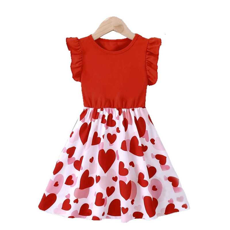 Girl's Dresses New girls' dress, children's knitted small fly sleeve printed heart round neck dress, casual dress