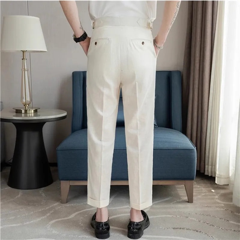 High quality summer set mens thin cotton linen breathable intelligent casual solid straight skirt pants 90% 250313