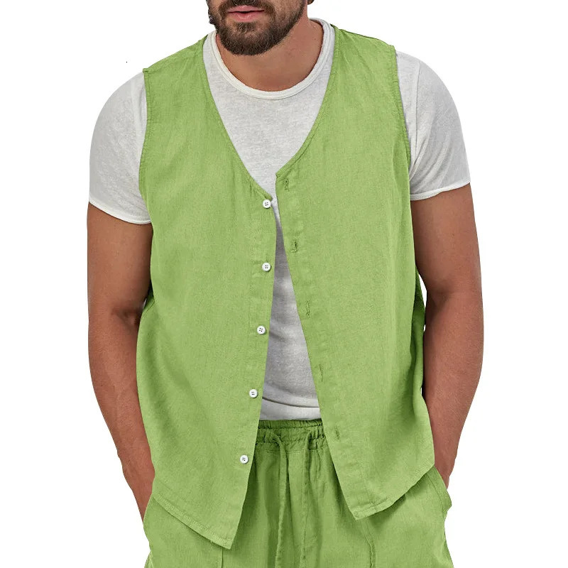 Mens Spring and Summer Thin Single Breasted Casual Solid Color Cotton Linen Youth Sleeveless Vest Coat 250310