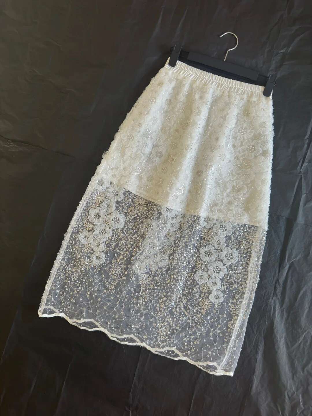 Unique White Lace Beaded Sequins High Waist Skirt Women's Trend