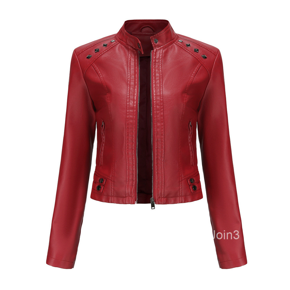 Fashion Womens New Rivet Leather Jacket Womens Spring and Autumn Jacket Long-sleeved Womens Jacket Stand Collar Fashion Jacket S-4xl