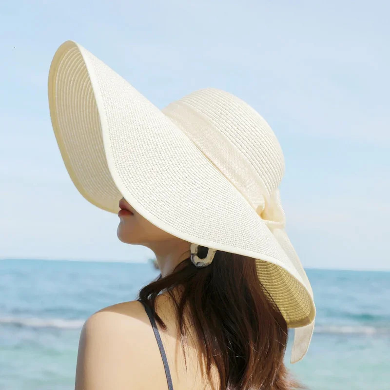 Foldable Summer Beach Straw Hat Womens Wide Brim Sun Hat Block UV Protection Panama Hat Bone Chapeu Womens Straw Hat 250314