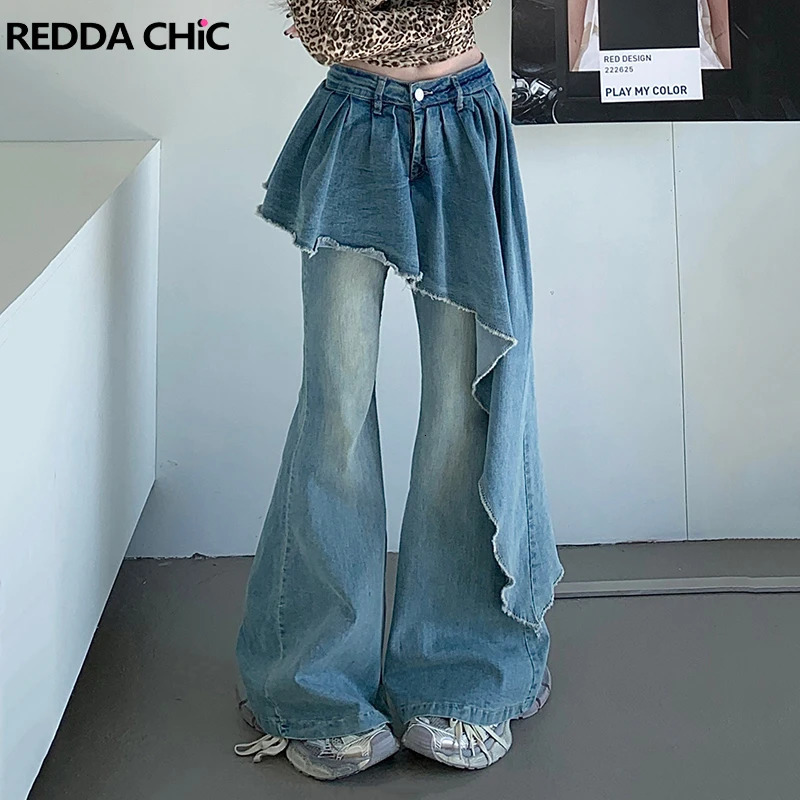 REDDACHiC Twopiece Women Flare Jeans Asymmetric Trailing Skirt Overlay Raw Edge Boot Cut Wide Pants Vintage Y2k Streetwear 250310