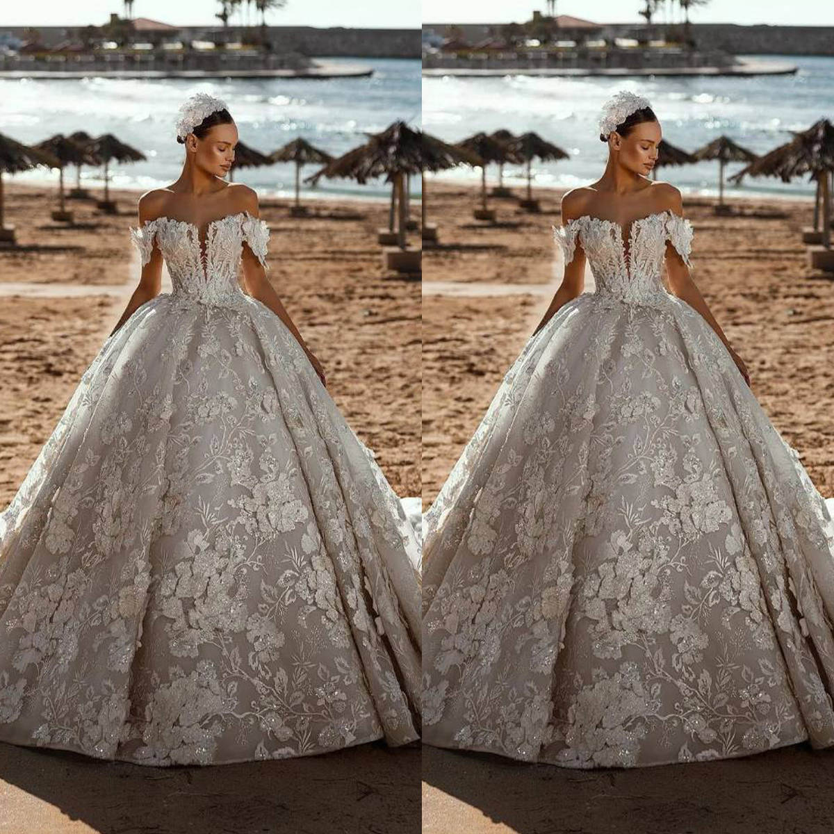 Luxury Ball Gown Wedding Dress Appliques Sequins Off Shoulder Bride Gowns Puffy Sweep Train Bridal Dresses Customized