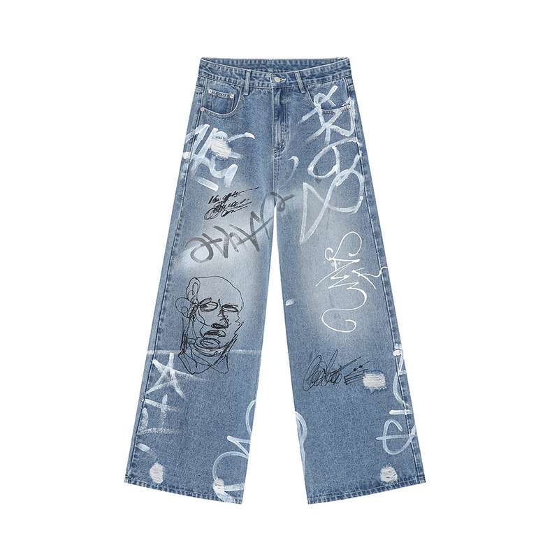 MTLCLOTHES Men's Wear | 2024 Summer New Product Beautiful Street Graffiti Fun Straight Tube Floor Mopping Jeans Trendy