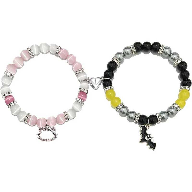 2Pcs/Set Pink Hello Cat Spider Beaded Bracelets for Women Heart Magnetic Matching Couple Bracelets Girls Festival Jewelry GiftsXJ250315
